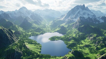 A breathtaking panoramic aerial view of a pristine mountain lake, framed by verdant valleys and towering mountains, evoking peace and serenity.