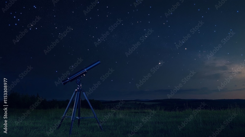 Poster a serene stargazing setup with a telescope and star charts neatly arranged on a clear night, an open