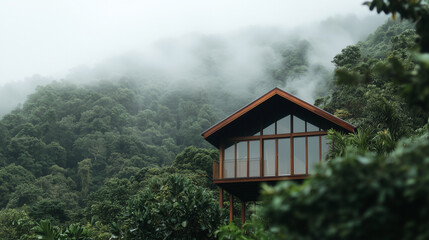 Half Built Wooden House Frame in Lush Green Forest with Mist