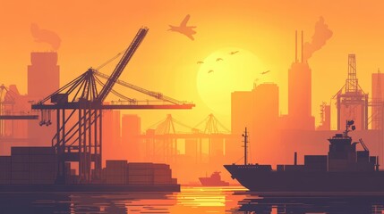 Fototapeta premium A bustling port with a cargo ship and cargo plane at sunrise, cranes moving containers, illustrating the logistics and import/export industry.