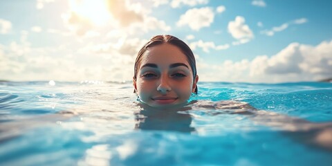 A woman is seen from the front, swimming in a pool, delighting in the refreshing water under a sunny sky, while looking directly at the camera.