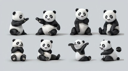 Naklejka premium Eight cute, cartoon-style panda bears in different poses.