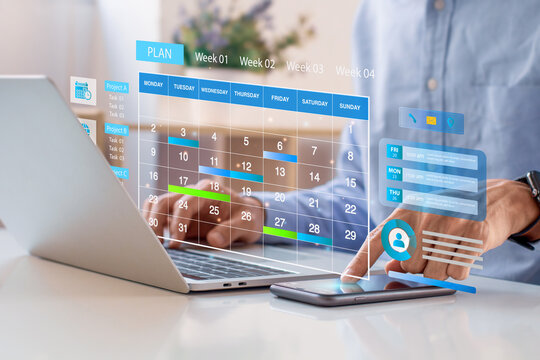 Business Planning Calendar Agenda work schedule and Project management concept. Businessman manages time for effective work with Calendar on virtual screen. Time management. Reminder appointment.