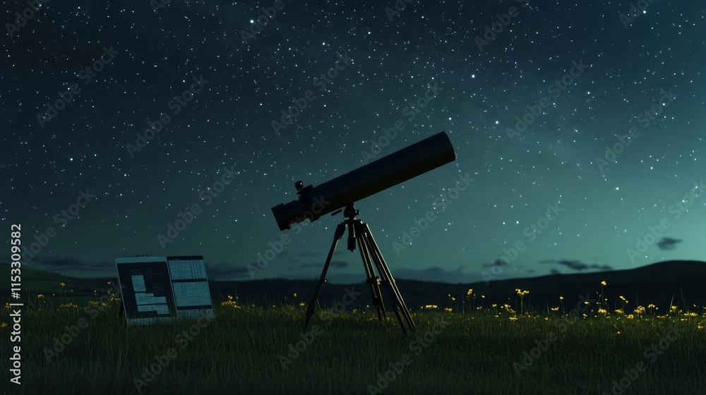 Poster a serene stargazing setup with a telescope and star charts neatly arranged on a clear night, an open