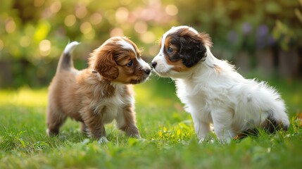 Two adorable puppies are facing each other, enjoying a sunny day in the park.