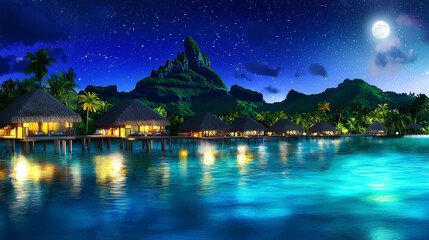 Fototapeta premium Nighttime Illustration of Bora Bora with Illuminated Overwater Bungalows