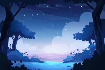 Nighttime Landscape with Trees and a River Under a Starry Sky
