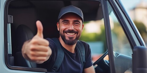Delivery and courier service success demonstrated by a man in a truck giving a thumbs up. This image highlights the importance of delivery in eCommerce, showcasing logistics and cargo transport with a