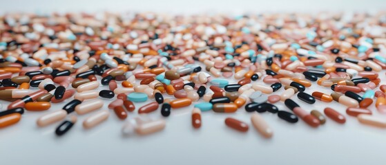 Obraz premium Assorted Colorful Pills and Capsules Scattered on White Background