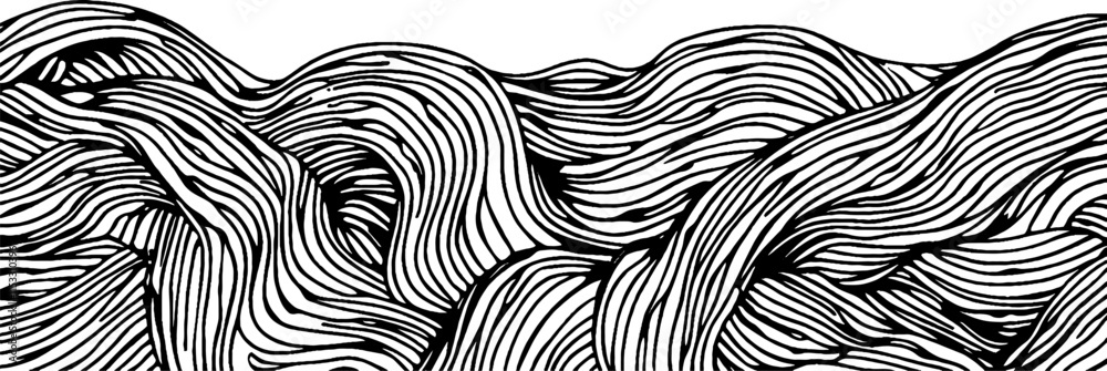 Poster vintage woodcut illustration showcasing intricate random squiggles in a flowing pattern