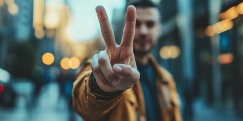 Naklejka premium A man demonstrating the V sign with his hand, showcasing the gesture that symbolizes peace and victory. This V sign serves as a powerful representation of positivity and unity.