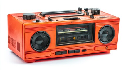 A classic ghetto blaster from the 1980s, isolated on white with clipping path, evoking nostalgia and retro music vibes.