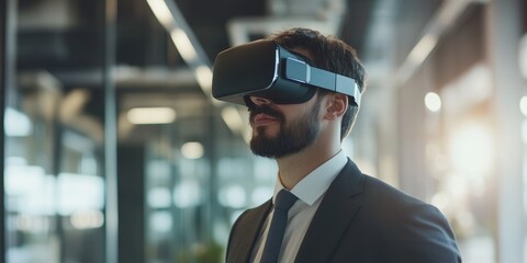 Voice of Customer a businessman engaging with virtual reality in a modern office, showcasing the innovative use of technology in enhancing the voice of the customer experience.