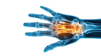 X-ray view of a human hand and wrist. transparent background