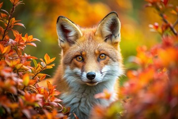 Fototapeta premium Red Fox Hiding in Bush, Close-up with Bokeh - Wildlife Photography
