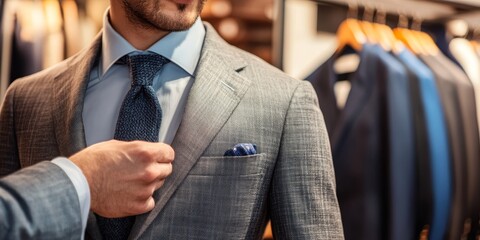 Tailor adjusting a jacket on a client in a suit store, showcasing the expertise of the tailor in providing a perfect fit. The tailor focuses on details for an impeccable jacket experience.