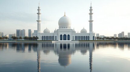 Majestic mosque reflected in calm water.
