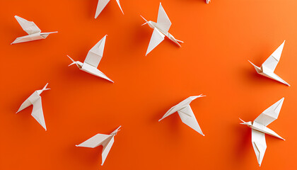 Beautiful white origami birds on orange background, flat lay