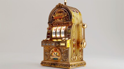 A 3D depiction of a luxurious gold jackpot slot machine with intricate designs, a lever, and illuminated jackpot indicators, set against a white background