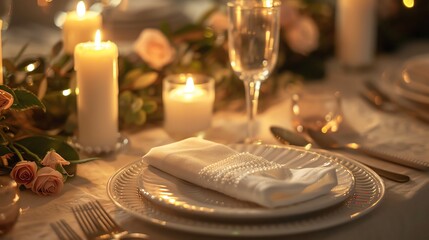 A beautifully set table with fine china, silverware, and candles.