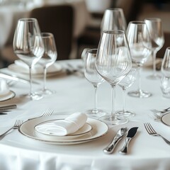 Beautifully organized event - round served table banquet ready for guests, round decorated table with empty plate, glasses, forks, napkin. Elegant dinner table