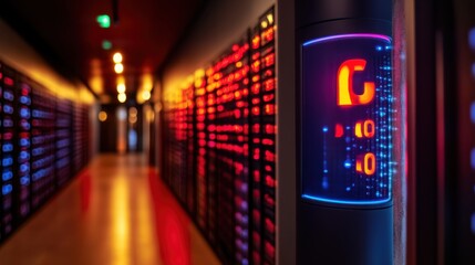 Illuminated server room corridor with digital display.