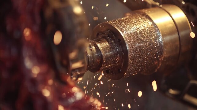 A close-up of a metalworker grinding a piece of metal on a lathe grinder, with intense sparks flying, highlighting the industrial nature of the work.