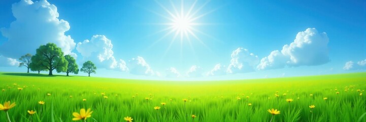 Obraz premium Sunlit meadow with green grass and yellow flowers under a bright blue sky with clouds, a fresh and peaceful spring landscape, idyllic and serene atmosphere