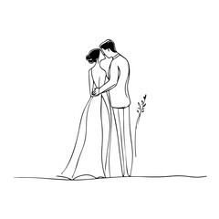 Classic Wedding Couple Silhouette: Line Drawing of Bride and Groom