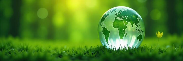 Transparent globe with world map, placed on green grass, with a small yellow flower and a bright sunny background, representing environmental sustainability and global harmony