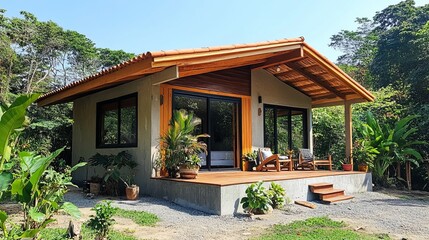 A modern Mediterranean style Airbnb cabin located in Guanacaste, Costa Rica, made of wood and concrete materials, surrounded by tropical plants, providing a peaceful and natural vacation experience.