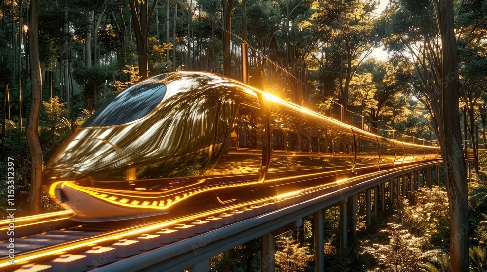 Poster a gold train moving fast on a gold rail way in a forest setting with trees.