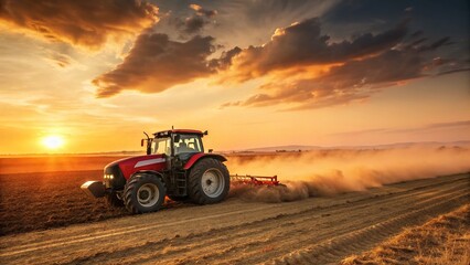 Fototapeta premium Red Tractor Sunset Field Dust Agriculture Farming Machinery Rural Landscape