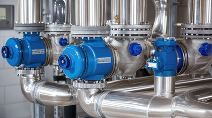 Obraz premium A close-up of shiny stainless metal pipes, blue pumps, and valves in an industrial boiler room, part of a complex water treatment facility.