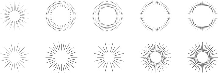 Vintage sunburst. Bursting rays sunrise firework starburst blast burst sunset star hand drawn collection. Radial sunset beams light ray radiant spark. Retro radiant sunburst. Trendy Vector badge set.