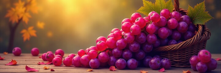 Abundant red grapes spilling from a wicker basket with autumn leaves on a wooden surface showing the concept of harvest season and natural abundance.