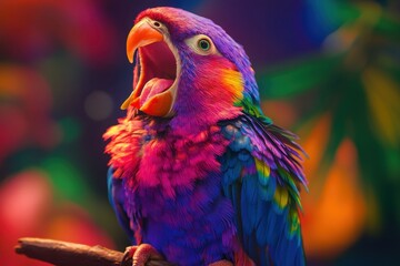 A colorful parrot with a mouth open and feathers on its head
