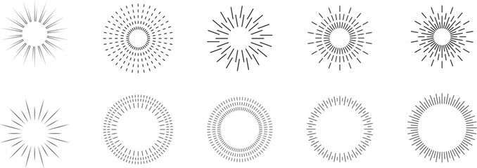 Vintage sunburst. Bursting rays sunrise firework starburst blast burst sunset star hand drawn collection. Radial sunset beams light ray radiant spark. Retro radiant sunburst. Trendy Vector badge set.