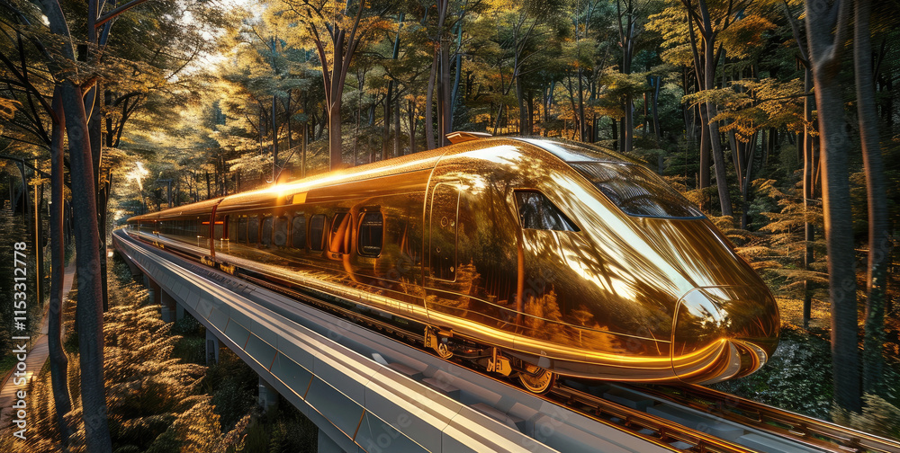 Poster A gold train moving fast on a gold rail way in a forest setting with trees.