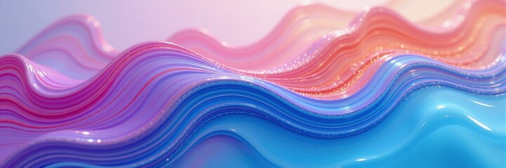 Abstract fluid wavy lines in light pink, peach and blue with a glossy texture, depicting a smooth, flowing surface, could be used as a background or wallpaper.