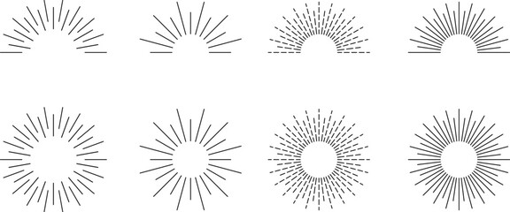 Vintage sunburst. Bursting rays sunrise firework starburst blast burst sunset star hand drawn collection. Radial sunset beams light ray radiant spark. Retro radiant sunburst. Trendy Vector badge set.