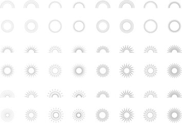 Vintage sunburst. Bursting rays sunrise firework starburst blast burst sunset star hand drawn collection. Radial sunset beams light ray radiant spark. Retro radiant sunburst. Trendy Vector badge set.