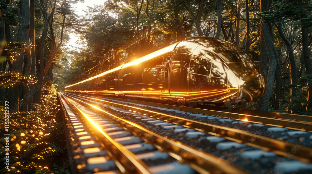 Poster A gold train moving fast on a gold rail way in a forest setting with trees.