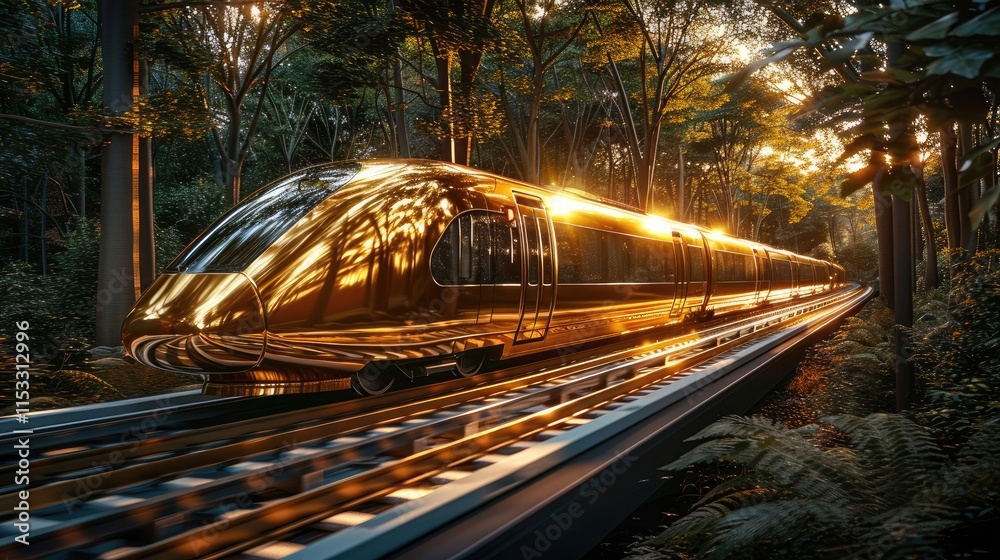 Poster A gold train moving fast on a gold rail way in a forest setting with trees.