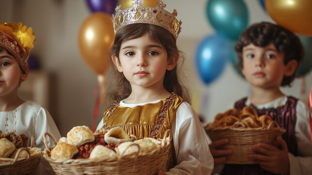 Jewish children dressed in costumes of biblical heroes and queens during Purim Katan, holding baskets full of traditional Hamantaschen food, Ai generated images