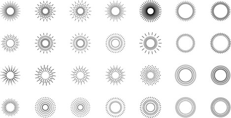 Vintage sunburst. Bursting rays sunrise firework starburst blast burst sunset star hand drawn collection. Radial sunset beams light ray radiant spark. Retro radiant sunburst. Trendy Vector badge set.