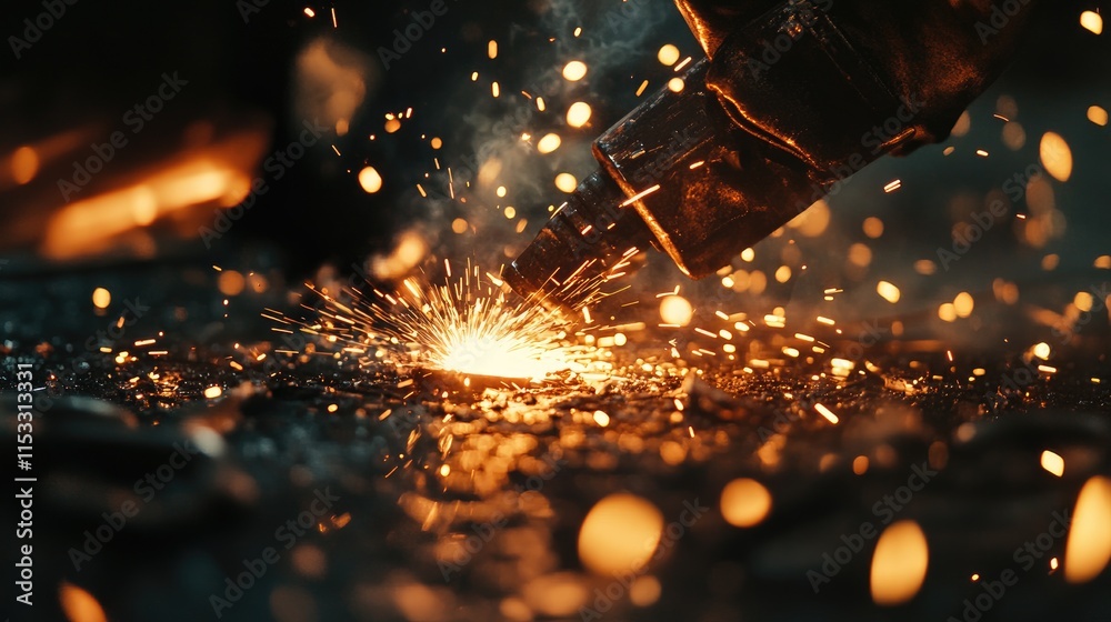Poster a close-up shot of a welder using an arc welder in a factory, sparks flying and a focus on the weldi