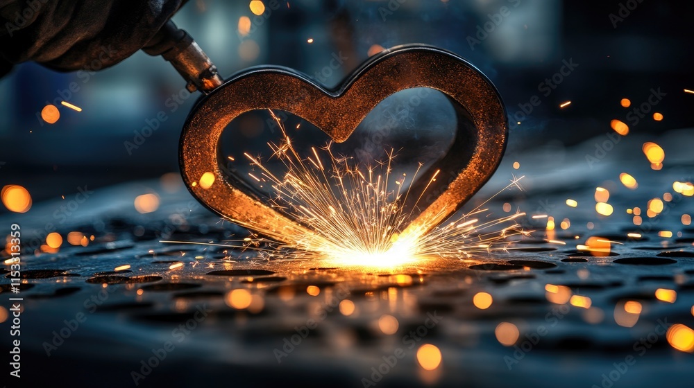 Poster a close-up shot of a welder using an arc welder in a factory, sparks flying and a focus on the weldi