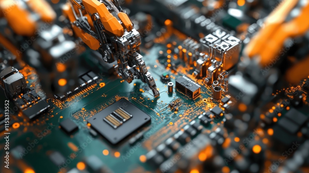Poster A close-up view of an automated PCB assembly line, with robotic arms installing components and performing quality control on circuit boards in electronics manufacturing.