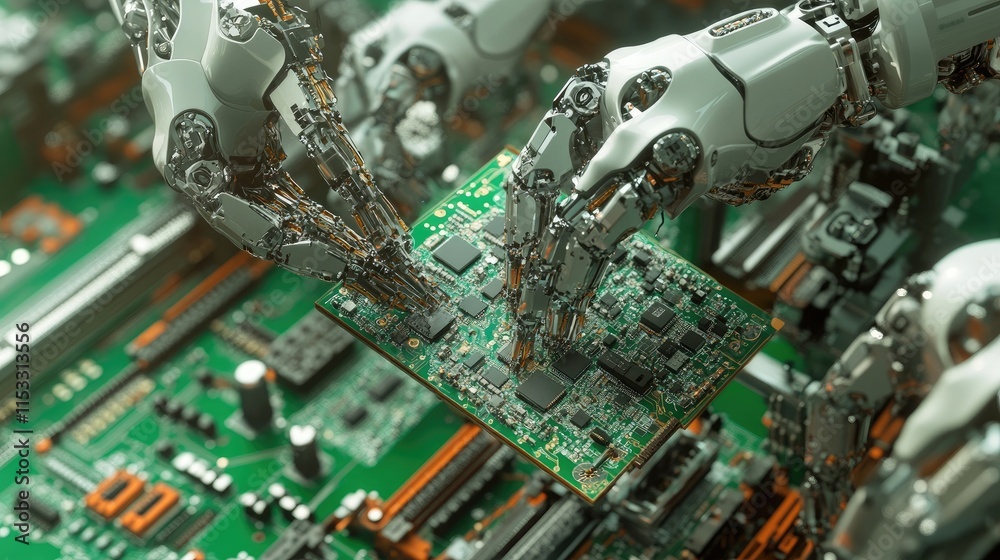 Poster A close-up view of an automated PCB assembly line, with robotic arms installing components and performing quality control on circuit boards in electronics manufacturing.